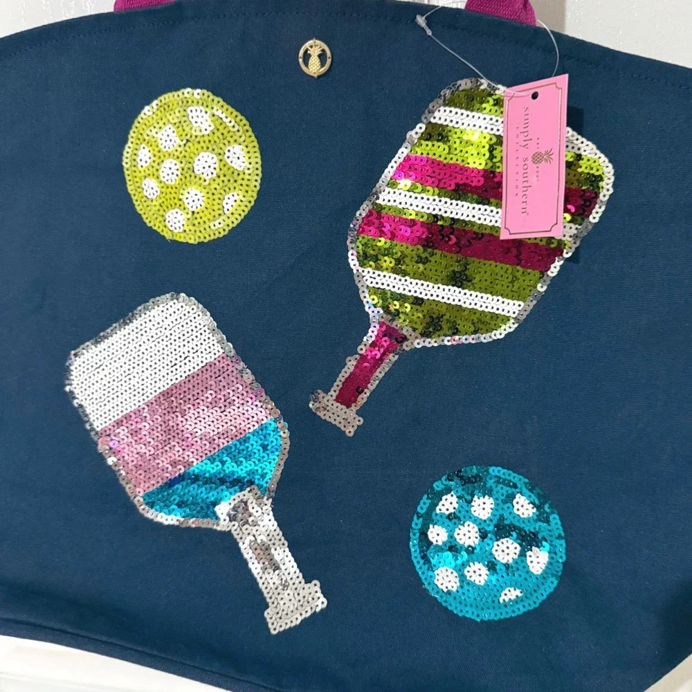 Simply Southern Navy Blue Sequin Pickleball Paddle Canvas Tote Bag Pink Handles